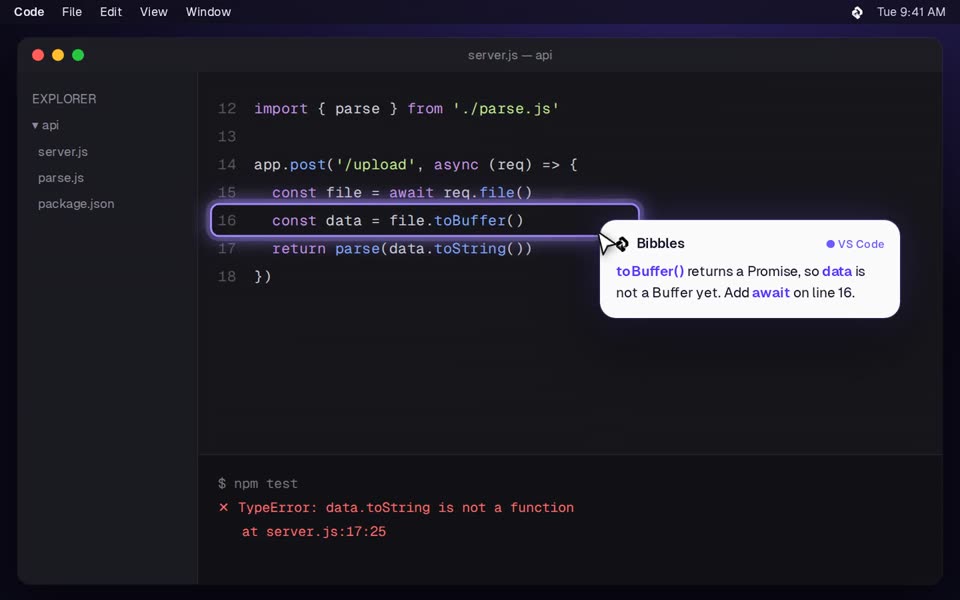 Bibbles explaining a failing test in VS Code