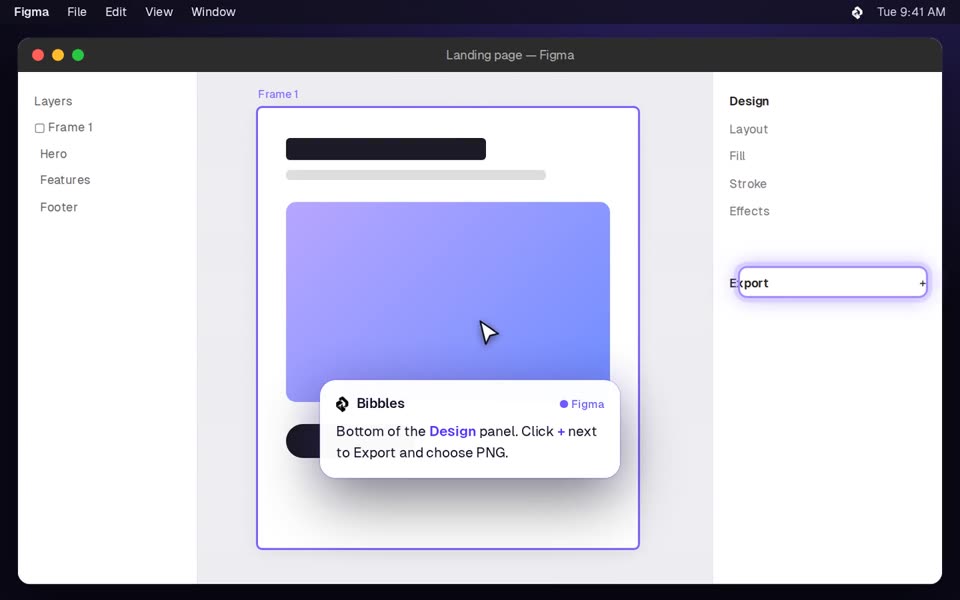 Bibbles pointing to Export in Figma