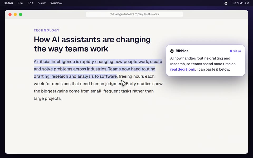 Bibbles summarizing an article in Safari